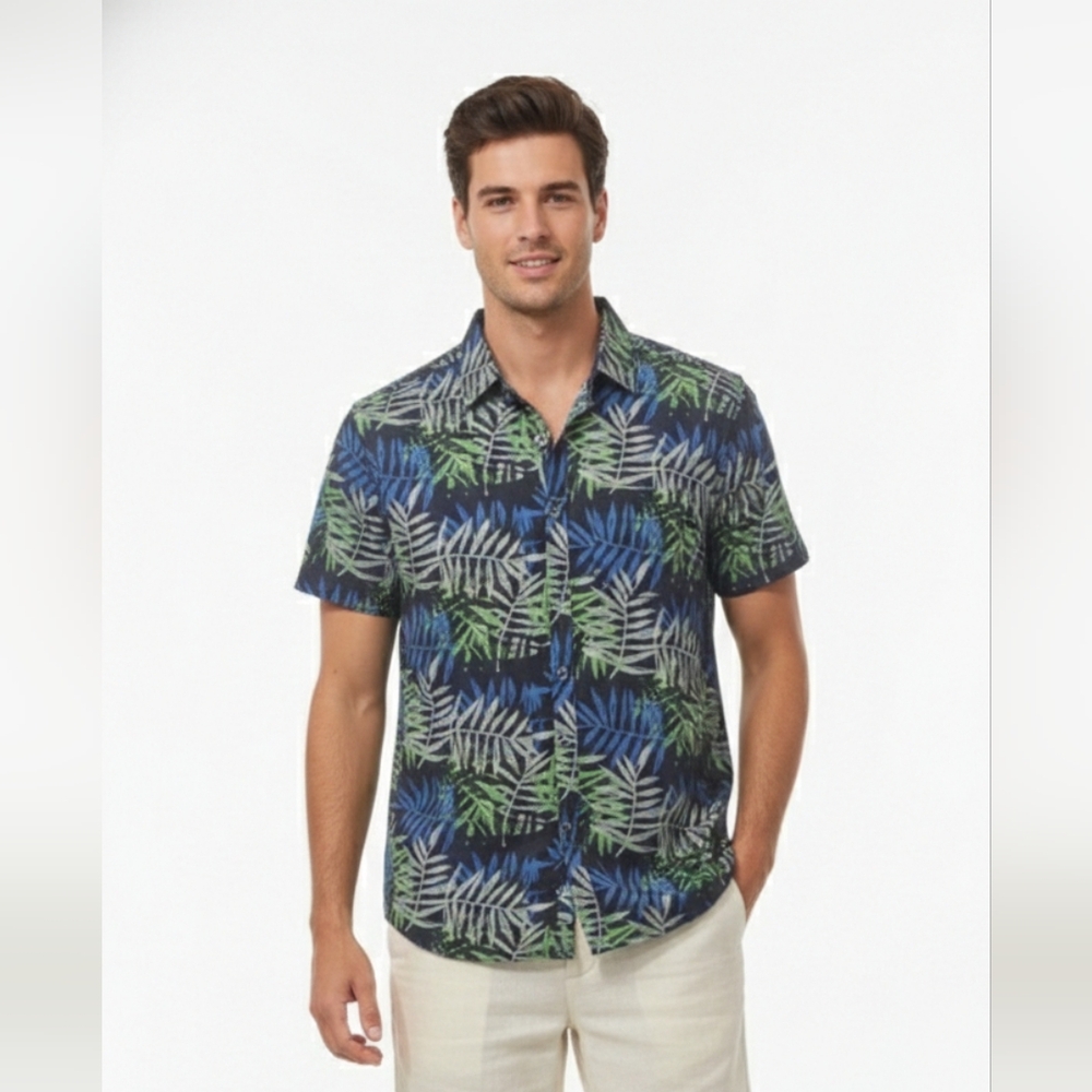 Huntington Beach Club Blue Green Tropical Hawaiian Shirt Vacation Island L